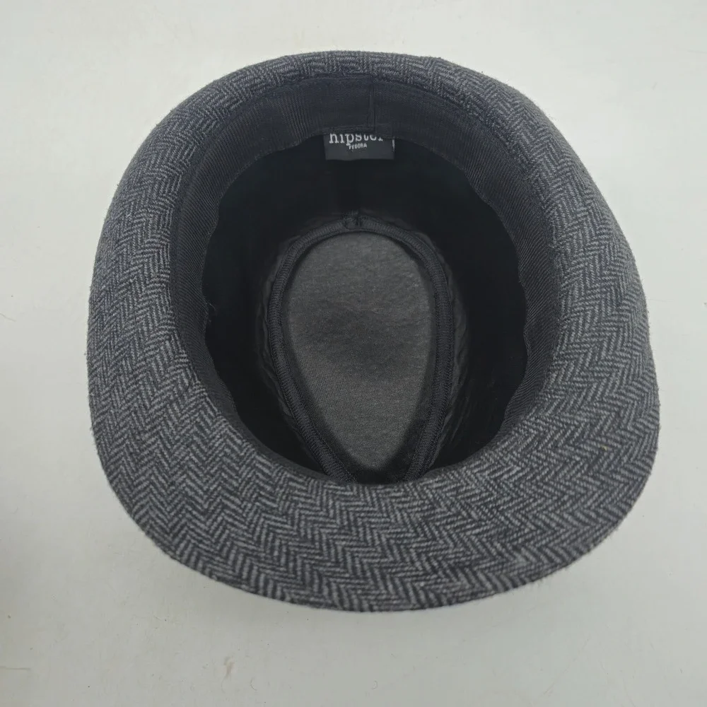 Hipster Fedora Hat Mens Small Medium Gray Polyester‎ Herringbone Black Band